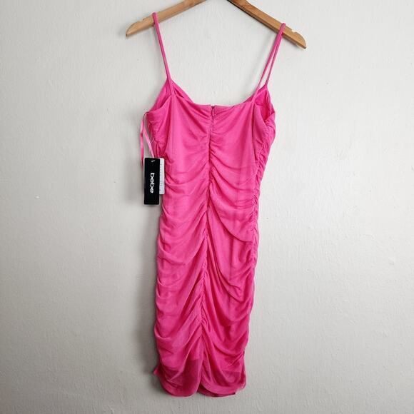 NEW Bebe Hot Pink Ruched Stretch Mini Dress - Picture 10 of 13